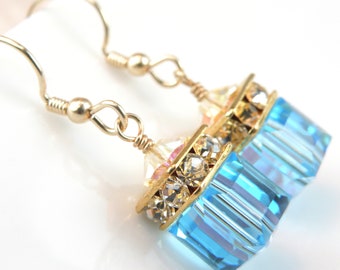 Blue Topaz Crystal Earrings, Teal Dangle Earrings, Cube Drop Earrings, Wedding Bridesmaids Earrings, December Birthday Birthstone Jewelry