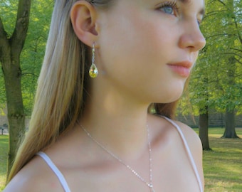 Custom Color Pear Crystal Jewelry Set, Teardrop Bridesmaids Necklace and Earrings, Sterling Silver or Gold Filled, Bridal Party Wedding Set