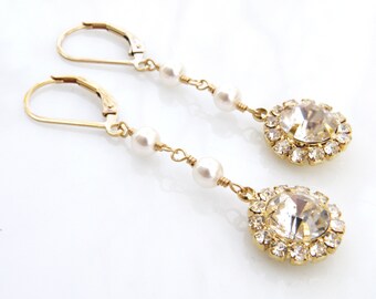Linear Rhinestone Earrings with Swarovski Pearls, Gold Long Dangle Wedding Party Earrings, Bridesmaids Jewelry Gift, June Birthday