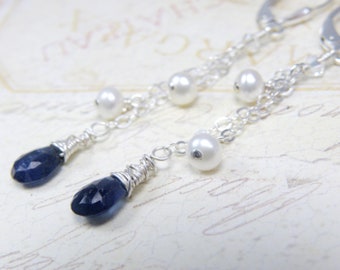 Sapphire and Pearl Earrings, Sterling Silver, Long Dangle Earrings, Natural Blue Sapphire Stone Jewelry, September Birthstone Birthday Gift