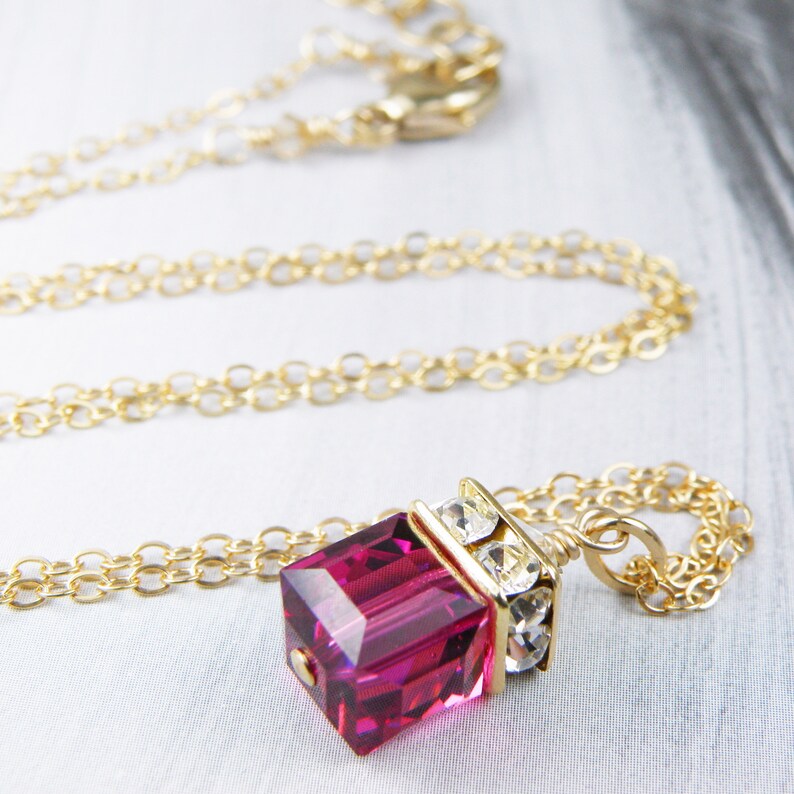 Ruby Crystal Necklace, Crystal Cube Pendant, Gold Filled, Sterling Silver, Fuchsia Wedding Jewelry, Bridesmaids Gift, July Birthday image 6