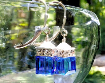 Kungliga blå hängande örhängen, safir Swarovski kristall kub örhängen, sterlingsilver eller guldfyllda, brudtärnor bröllopssmycken gåva