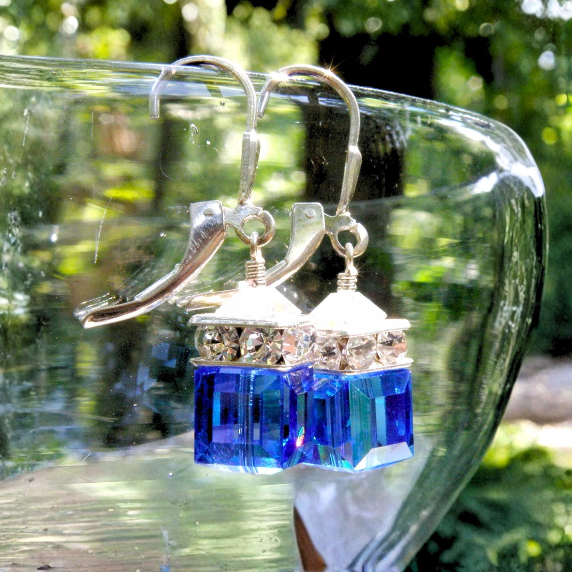 Royal Blue Dangle Earrings, Sapphire Swarovski Crystal Cube Drop Earrings, Sterling Silver or Gold Filled, Bridesmaids Wedding Jewelry Gift