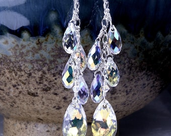 Bridal Wedding Earrings, Long Chandelier Crystal Dangle Earrings, Sterling Silver, Gold Filled, Statement Teardrop Swarovski Earrings