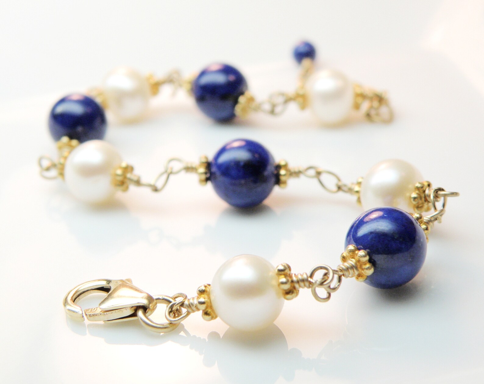 Lapis Lazuli and Pearl Bracelet Gold Filled Blue Gemstone Etsy