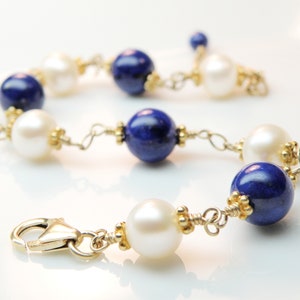 Lapis Lazuli and Pearl Bracelet Gold Filled Blue Gemstone - Etsy