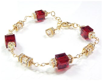 Red Garnet Crystal Cube Bracelet, Gold Filled or Sterling Silver, January Birthday Gift for Women, Scarlet Crimson Wedding Bridal Party Gift