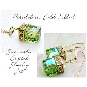 Peridot Crystal Jewelry Set, Gold Filled, Light Green Cube Necklace and Earrings, Bridesmaid Wedding Jewelry, August Birthstone Gift Set