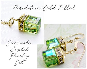 Set di gioielli con peridoto, placcato oro, collana e orecchini con cubi verde chiaro, gioielli da damigella d'onore, set regalo con pietra portafortuna di agosto