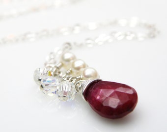 Genuine Ruby Necklace with Pearls, Sterling Silver, Real Gemstone Pendant, Deep Red Ruby Stone, July Natural Birthstone, Women Birthday Gift