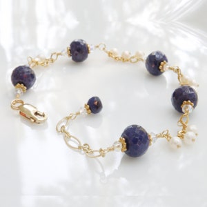 Sapphire and Pearl Bracelet, September Birthstone Gemstone Jewelry, Natural Blue Stone and White Pearl Gold Filled Wedding Jewelry Gift