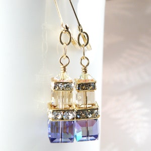 Tanzanite Crystal Earrings, Gold Filled or Sterling Silver, Purple and Yellow Cube Dangle Earrings, Lilac Silver Bridesmaids Wedding Jewelry