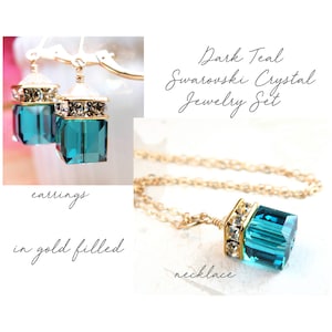 Conjunto de joyas en verde azulado oscuro, cubo de cristal de Swarovski, collar y pendientes de topacio azul Londres para cumpleaños de diciembre, moderno conjunto de boda otoñal.