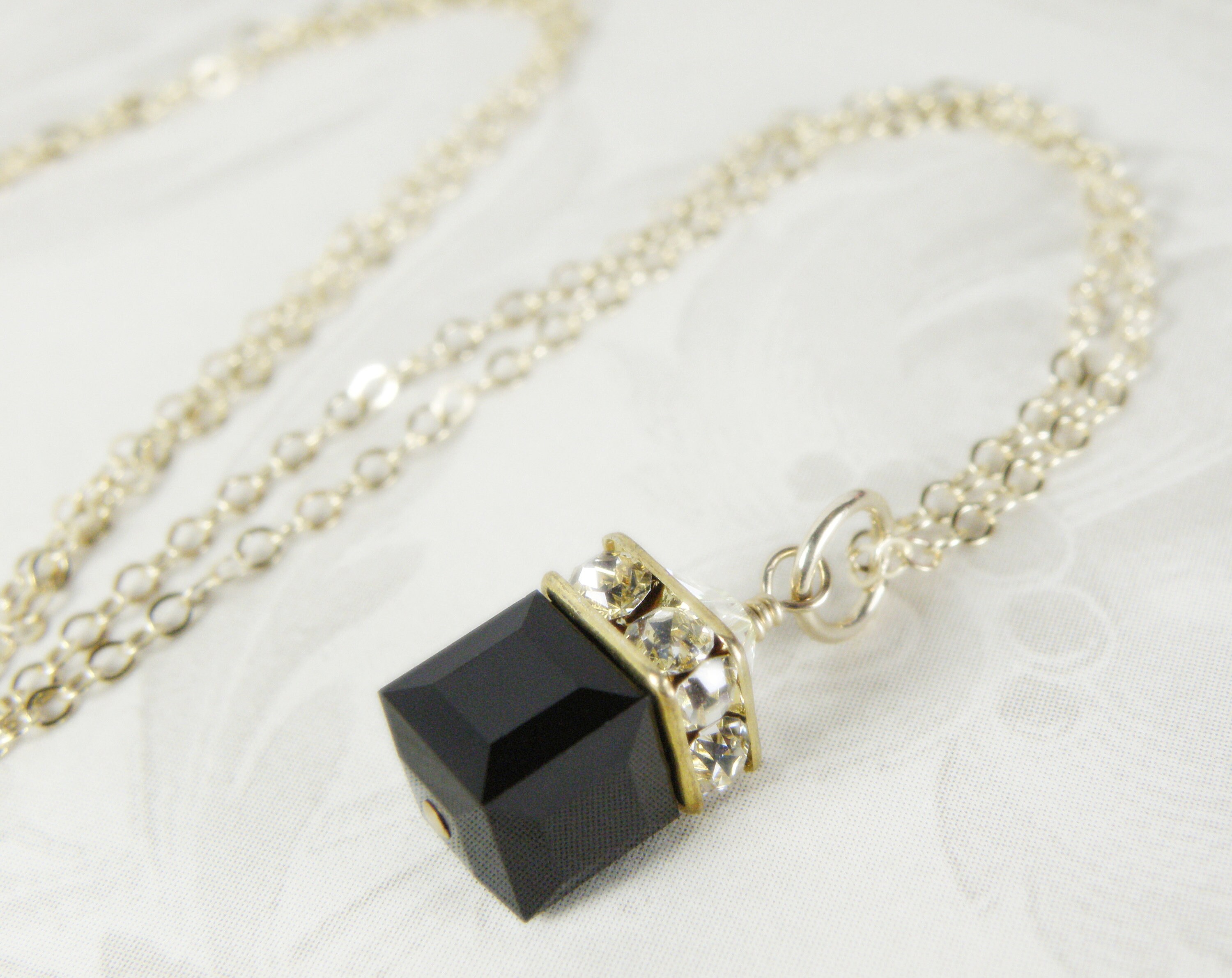 Black Onyx Cube Necklace, Swarovski Crystal Cube Pendant, Sterling 