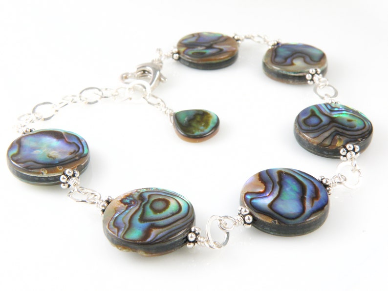 Flat Round Abalone Earrings, Sterling Silver Shell Jewelry, Paua Shell Earrings, Natural Teal Blue Mother of Pearl, Handmade Beach Jewelry image 6