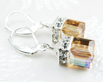 Yellow Topaz Crystal Earrings, Sterling Silver, Cube Drop Modern Dangle Earrings, November Birthday Gift, Birthstone Jewelry