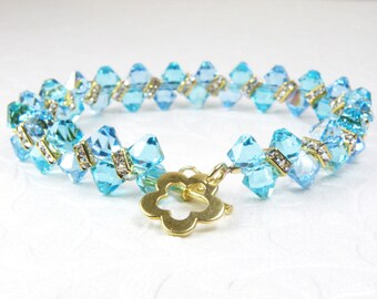 Bright Teal Tennis Bracelet, Aquamarine Blue Swarovski Crystal and Gold Rhinestone Jewelry, Mother of the Bride March December Birthday Gift