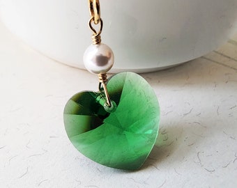 Light Emerald Green Heart Necklace, Swarovski Crystal, Gold Filled or Sterling Silver, Green Valentine Pendant, May Birthday Jewelry Gift