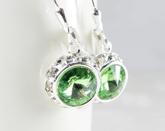 Peridot Halo Crystal Earrings, Sterling Silver, Light Green Swarovski Crystal Dangle Earrings, August Birthday Gift, Peridot Drop Jewelry