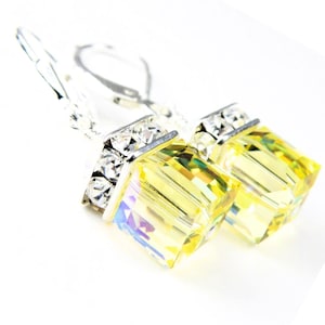 Lemon Yellow Crystal Cube Earrings, Sterling Silver, Gold Filled, Pale Citrine Swarovski Crystal Dangle Spring Wedding Jewelry November Gift