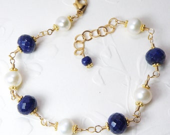 Real Sapphire and Pearl Bracelet, Gold Filled, Blue Stone Freshwater Pearl Jewelry, September Birthstone Birthday Gift