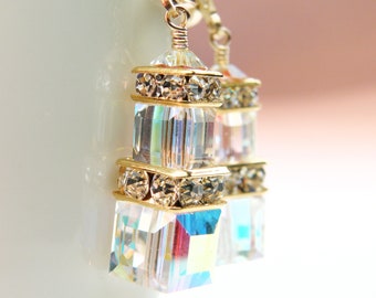 Modern Bride Earrings, Swarovski Crystal Cube Earrings, Gold Filled, White Dangle Earrings, Clear Crystal Bridal Wedding Day Dangle Jewelry