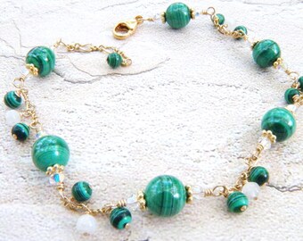 Elegant Green Malachite Bracelet, Gold Filled or Sterling Silver, Moonstone and Malachite Gemstone Dangles, Emerald Wedding Jewelry