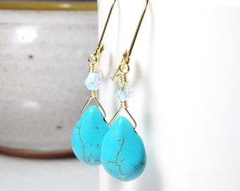 Teardrop Turquoise Earrings, Sterling Silver or Gold Filled, Bright Teal Blue Stone Dangle, December Birthstone Jewelry Birthday Gift