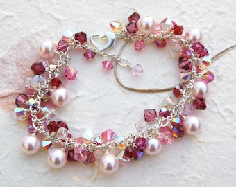 Pulsera de cristal de perla rosa y rubí, elementos de cristal de Swarovski, plata de ley, relleno de oro, regalo de cumpleaños de julio para esposa mamá abuela