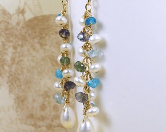 Long Pearl Dangle Earrings, Gold Filled, Rainbow Gemstone Colors, Bridal Earrings, Statement Wedding Jewelry, June Birthday Gift for Wife