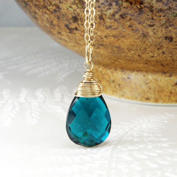 Deep Teal Necklace, Apatite Quartz Pendant, Blue Stone Necklace, Gold Filled Layering Necklace, Autumn Jewelry, Christmas Gifts for Her