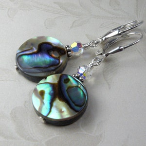 Flat Round Abalone Earrings, Sterling Silver Shell Jewelry, Paua Shell Earrings, Natural Teal Blue Mother of Pearl, Handmade Beach Jewelry image 3