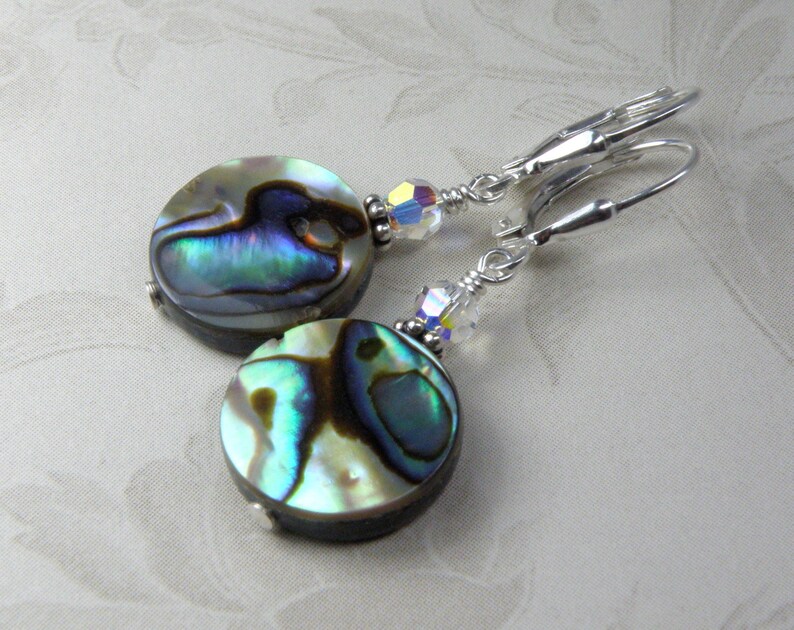 Flat Round Abalone Earrings, Sterling Silver Shell Jewelry, Paua Shell Earrings, Natural Teal Blue Mother of Pearl, Handmade Beach Jewelry image 3