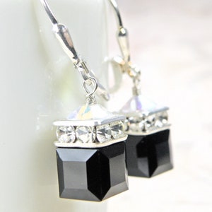 Black Cube Earrings, Sterling Silver, Black Onyx Swarovski Crystal, Opaque Black Square Dangle Earrings, Modern Wedding Jewelry