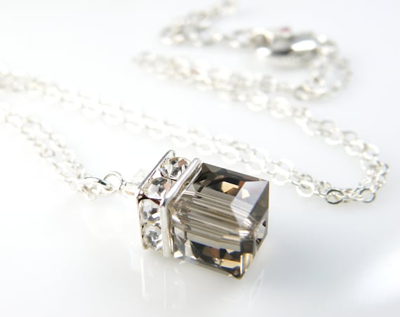 Smoky Quartz Crystal Necklace, Sterling Silver or Gold, Brown Crystal Cube Pendant, Fall Wedding Jewelry, Modern Bridesmaids Gift