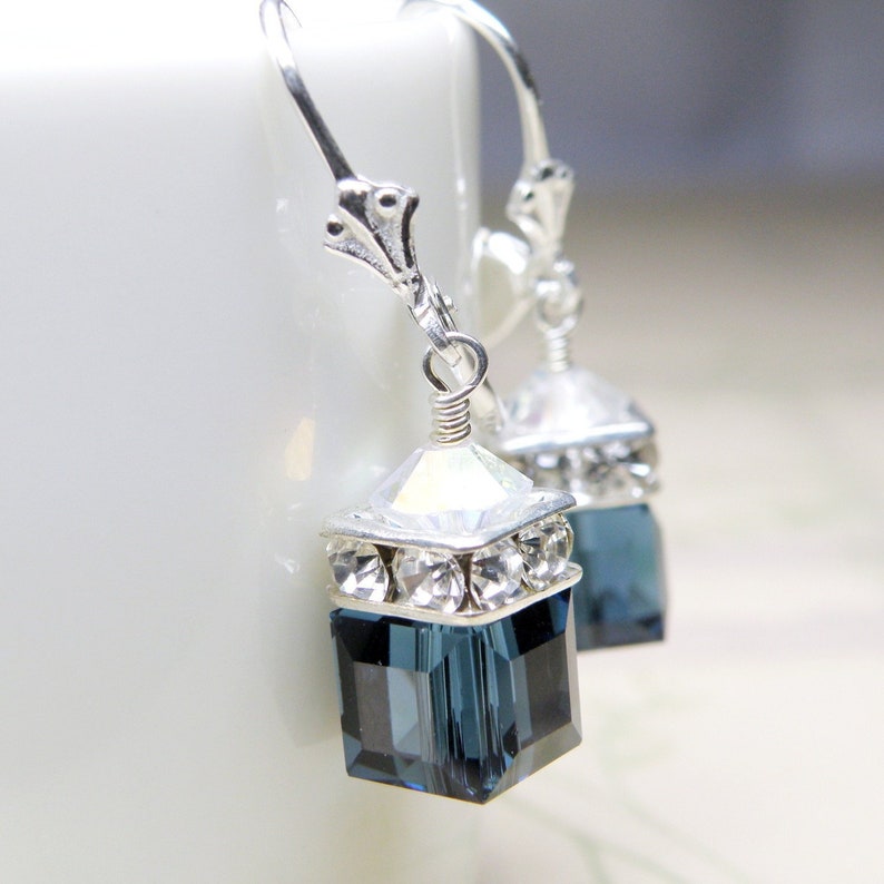 Sapphire Crystal Earrings, Blue Swarovski Crystal Cube, Sterling Silver Drop September Birthday Gift, Bridesmaid Earrings Wedding Jewelry image 2