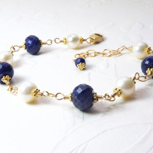 Blue Sapphire and Pearl Bracelet, Gold Filled, Natural Navy Gemstone and Freshwater Pearl September Birthstone Birthday Gift Wedding Jewelry