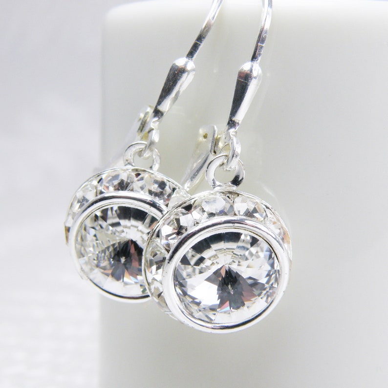 Crystal Halo Dangle Earrings, Swarovski Crystal, Sterling Silver, Round Diamond Classic Earrings, Teen Bridesmaid Jewelry Wedding Gift image 1