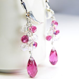 Swarovski Crystal Dangle Earrings, Sterling Silver or 14k Gold Filled Clear Cluster Earrings, Wedding Bridal Teardrop Jewelry for Women Ruby Crystal