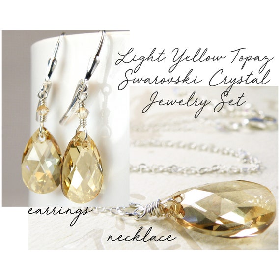 Teardrop Champagne Crystal Necklace and Earrings, Sterling Silver or Gold Filled, Yellow Topaz November Birthday Birthstone Jewelry Gift