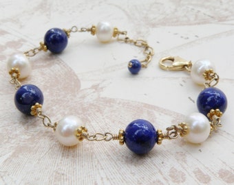 Lapis Lazuli and Pearl Bracelet, Gold Filled, Blue Gemstone Bracelet, White Pearls Wedding Jewelry, September Birthday, Anniversary Gift