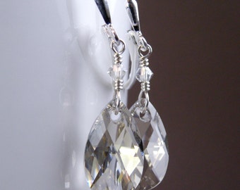 Gray Teardrop Earrings, Swarovski Crystal Dangle Earrings, Sterling Silver, Bridesmaid Earrings Wedding Jewelry Gift, Handmade Ready to Ship