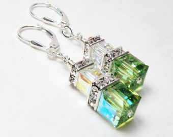 Peridot Green Crystal Dangle Earrings, Swarovski Crystal Cube, Sterling Silver, Bridesmaids Jewelry, Spring Wedding, August Birthday Gift