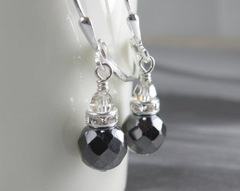 Hematite Stone Dangle Earrings, Sterling Silver or Gold Filled, Charcoal Gray Short Drop Earrings, Bridesmaid Jewelry Gift for Teen Girl