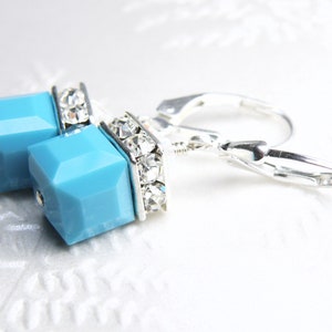 Turquoise Cube Earrings with Crystals by Swarovski, Teal Dangle Earrings, Sterling Silver or Gold Filled, Faux Stone December Birthday Gift image 2