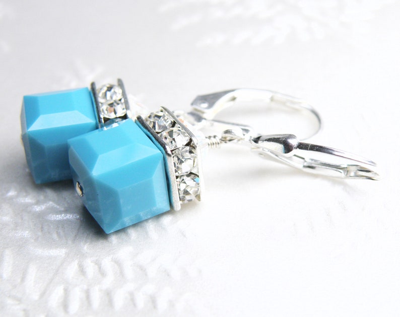Turquoise Cube Earrings with Crystals by Swarovski, Teal Dangle Earrings, Sterling Silver or Gold Filled, Faux Stone December Birthday Gift image 2