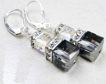 Black Crystal Earrings, Swarovski Crystal Cube Earrings, Sterling Silver, Black Dangle Earrings, Bridesmaid Earrings, Modern Wedding Jewelry