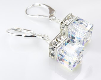 Swarovski Crystal Cube Drop Earrings, Sterling Silver, Clear Opal Wedding Jewelry Bridesmaid Gifts, October Birthday Birthstone