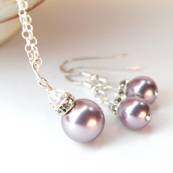 Light Purple Pearl Jewelry Set, Sterling Silver or Gold Filled, Soft Lilac Bridesmaids Gifts, Lavender Wedding Violet Necklace and Earrings