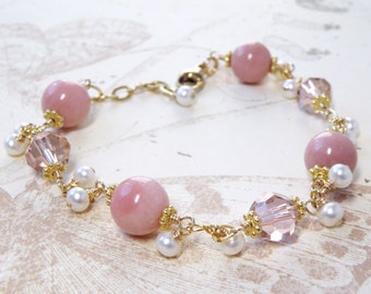 Pink Opal Bracelet, Gold Filled, Blush Crystals and White Freshwater Pearls Artisan October Birthstone Jewelry, October Birthday Stone Gift